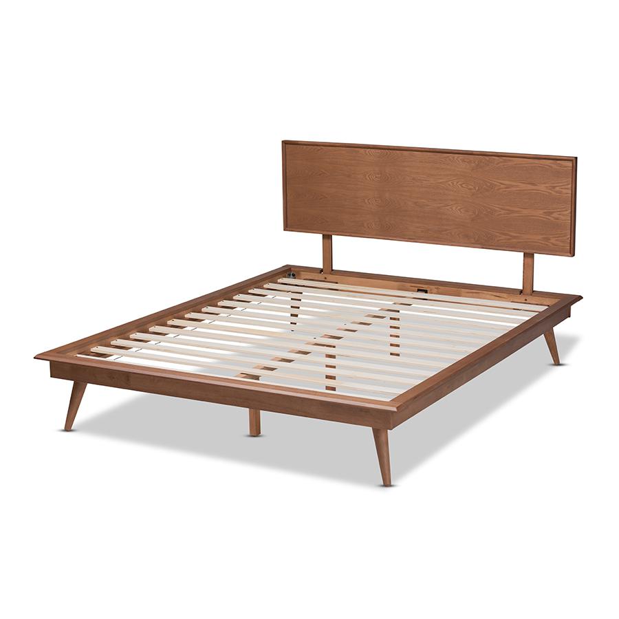 Karine Mid-Century Modern Walnut Brown Finished Wood Queen Size Platform Bed. Picture 3