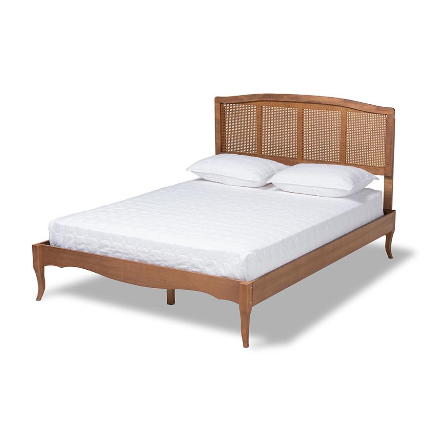 Baxton Studio Marieke Vintage French Inspired Ash Wanut Finished Wood and Synthetic Rattan Queen Size Platform Bed. Picture 1