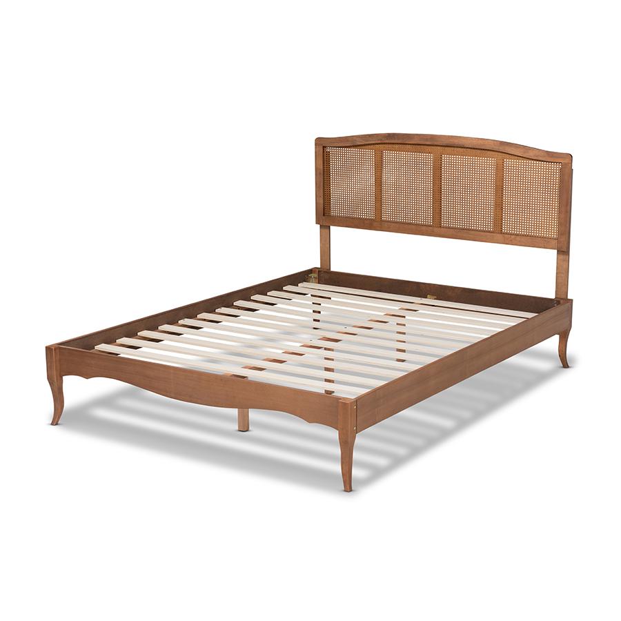 Baxton Studio Marieke Vintage French Inspired Ash Wanut Finished Wood and Synthetic Rattan Queen Size Platform Bed. Picture 4