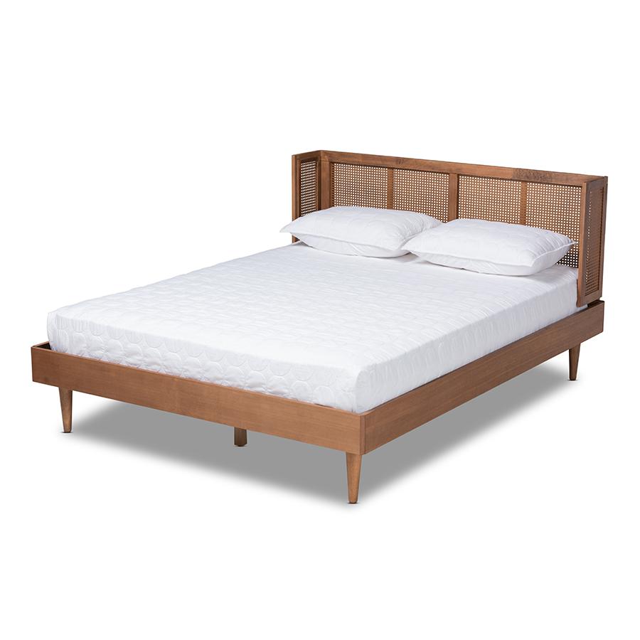Baxton Studio Rina Mid-Century Modern Ash Wanut Finished Wood and Synthetic Rattan Queen Size Platform Bed with Wrap-Around Headboard. Picture 1