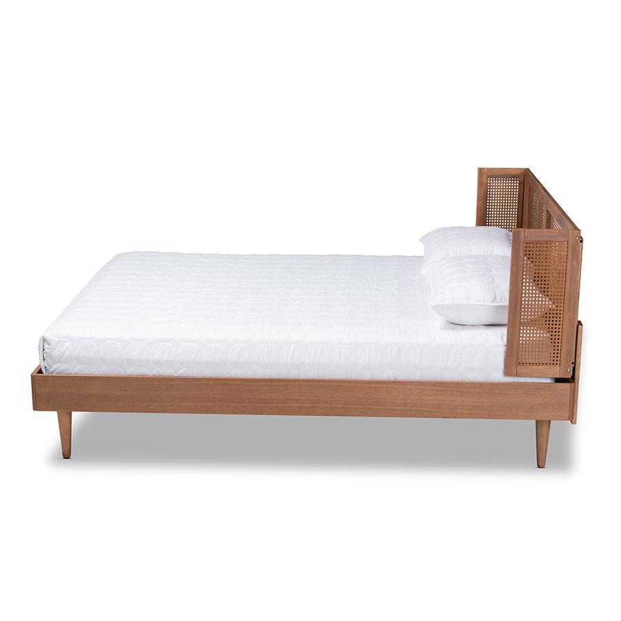 Baxton Studio Rina Mid-Century Modern Ash Wanut Finished Wood and Synthetic Rattan Queen Size Platform Bed with Wrap-Around Headboard. Picture 3