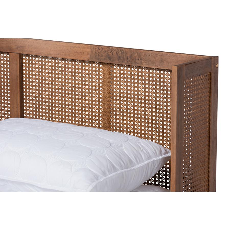 Baxton Studio Rina Mid-Century Modern Ash Wanut Finished Wood and Synthetic Rattan Queen Size Platform Bed with Wrap-Around Headboard. Picture 5