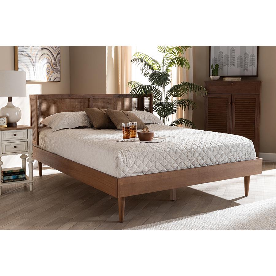 Baxton Studio Rina Mid-Century Modern Ash Wanut Finished Wood and Synthetic Rattan Full Size Platform Bed with Wrap-Around Headboard. Picture 12