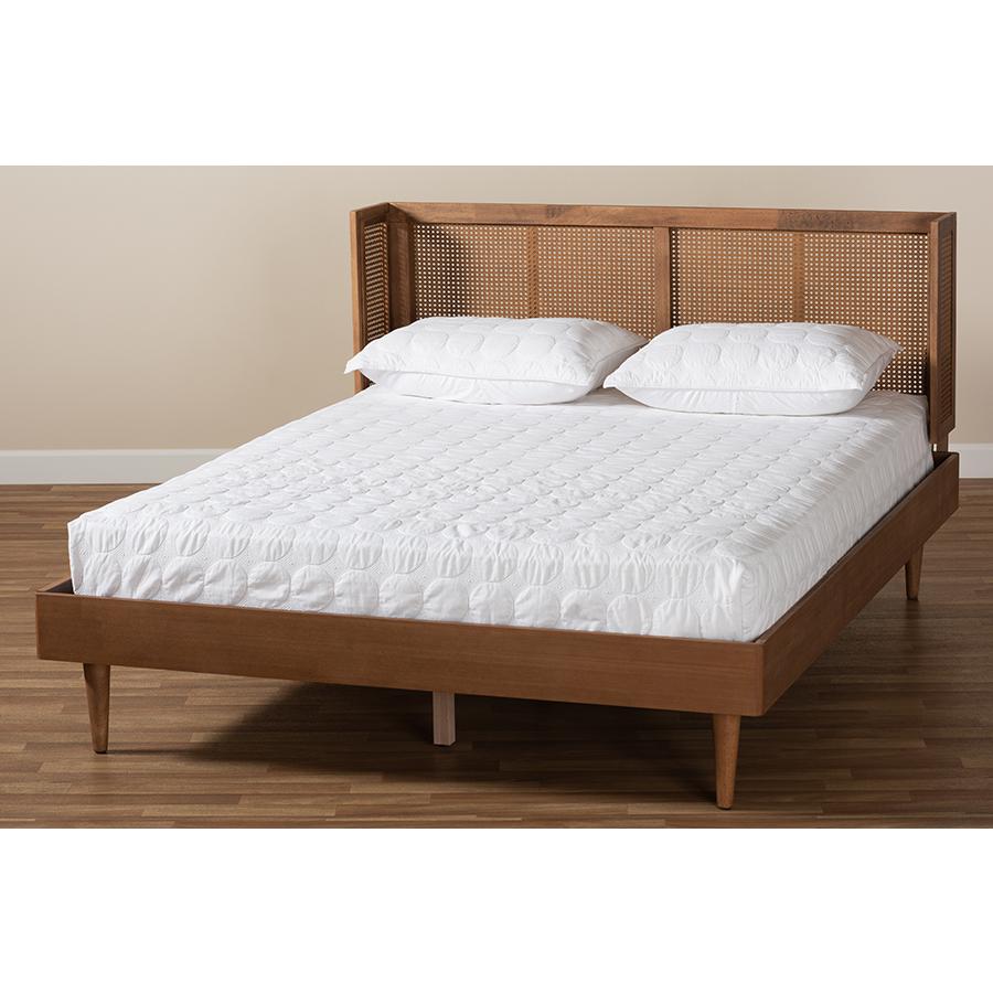 Baxton Studio Rina Mid-Century Modern Ash Wanut Finished Wood and Synthetic Rattan Queen Size Platform Bed with Wrap-Around Headboard. Picture 8
