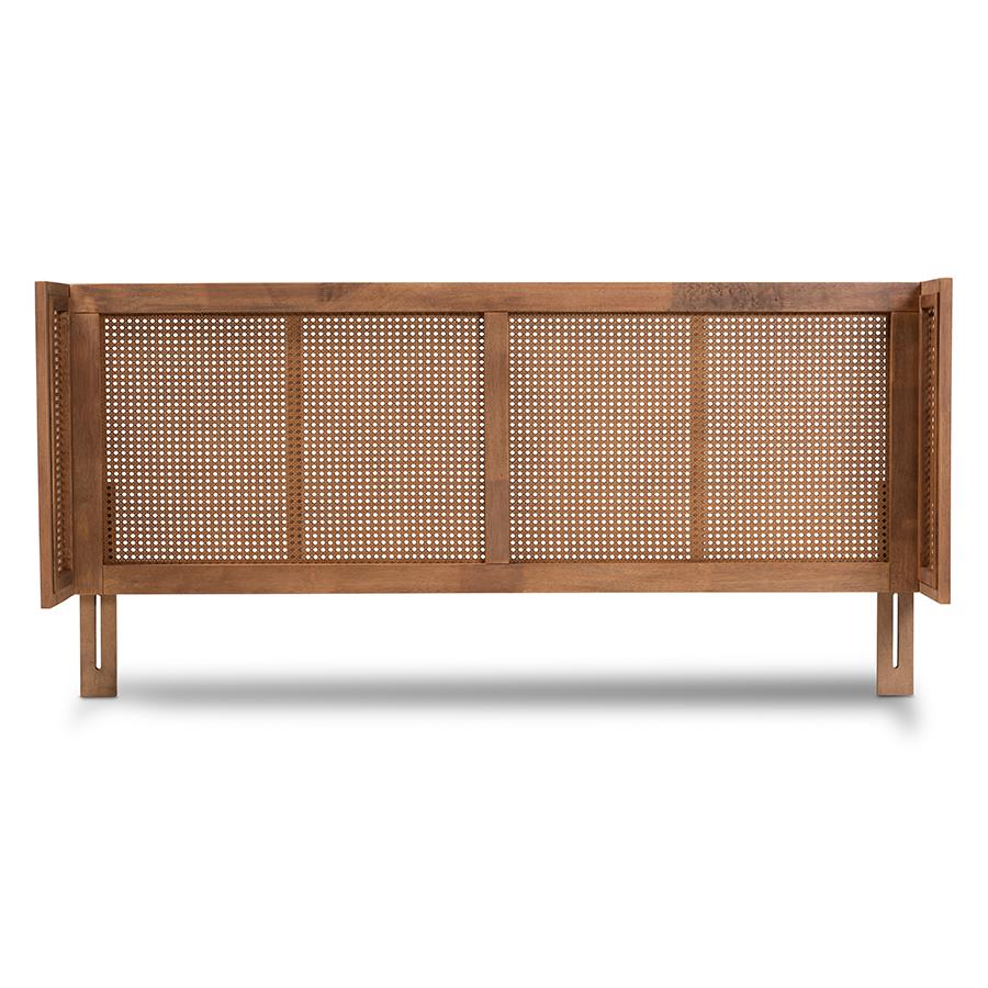 Baxton Studio Rina Mid-Century Modern Ash Wanut Finished Wood and Synthetic Rattan Queen Size Wrap-Around Headboard. Picture 3