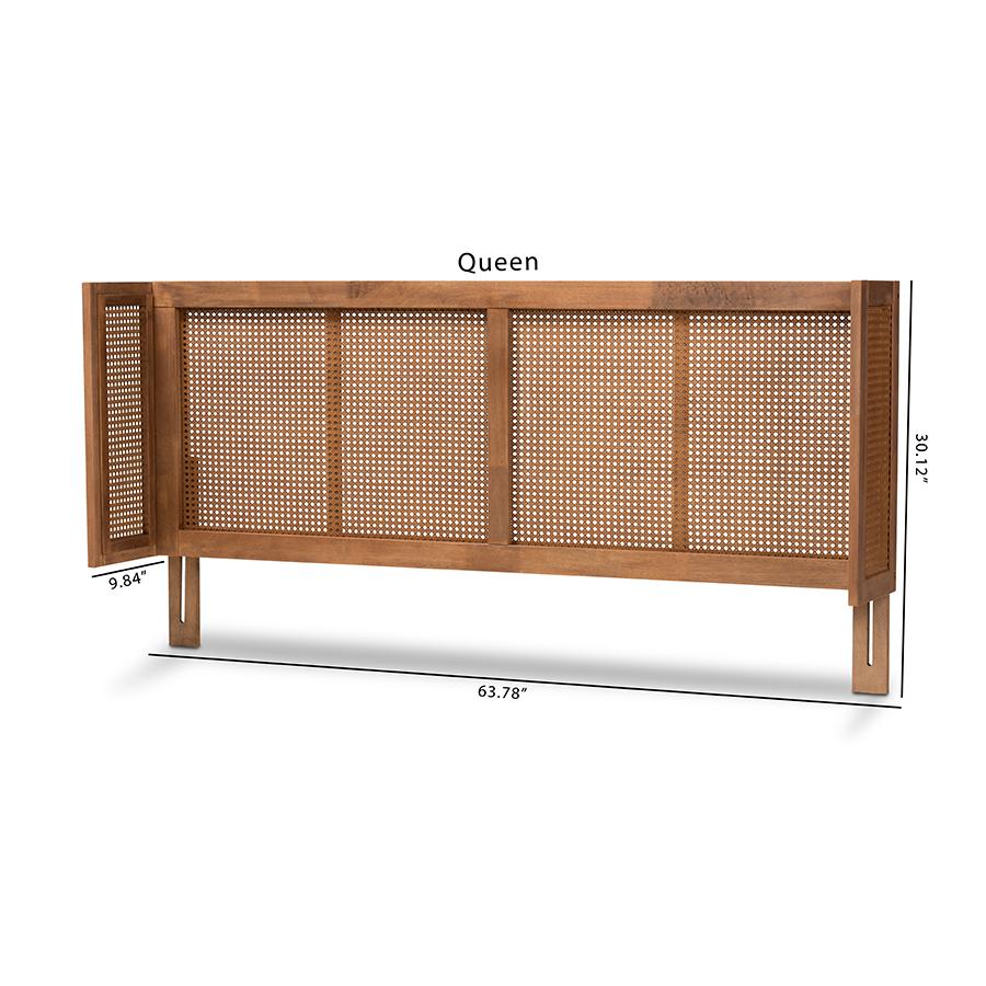 Baxton Studio Rina Mid-Century Modern Ash Wanut Finished Wood and Synthetic Rattan Queen Size Wrap-Around Headboard. Picture 8