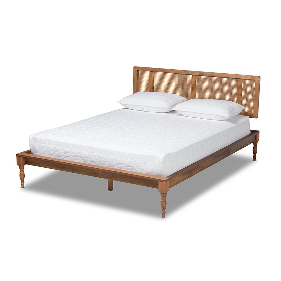 Baxton Studio Romy Vintage French Inspired Ash Wanut Finished Wood and Synthetic Rattan Queen Size Platform Bed. Picture 1