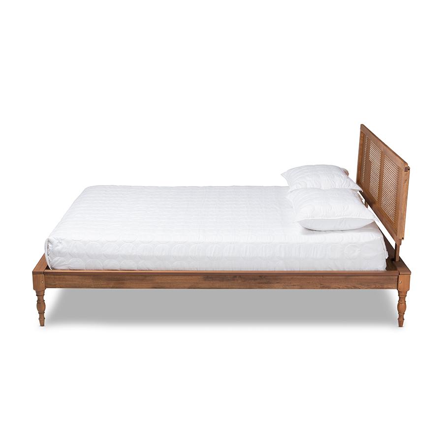 Baxton Studio Romy Vintage French Inspired Ash Wanut Finished Wood and Synthetic Rattan Queen Size Platform Bed. Picture 3