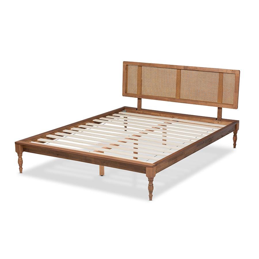Baxton Studio Romy Vintage French Inspired Ash Wanut Finished Wood and Synthetic Rattan Queen Size Platform Bed. Picture 4