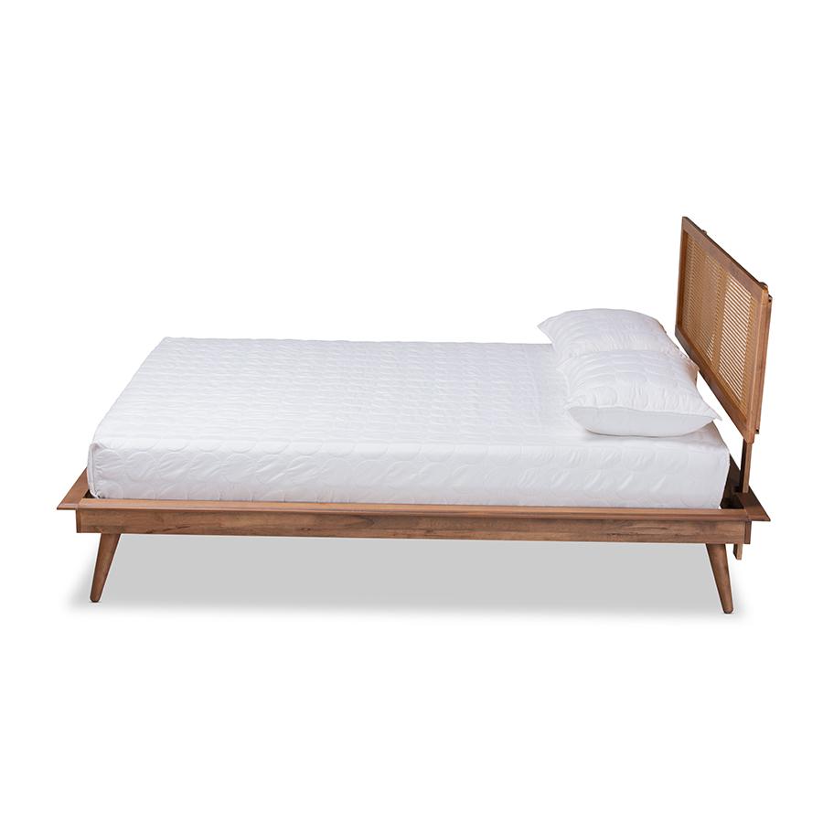Walnut Brown Finished Wood and Synthetic Rattan Queen Size Platform Bed. Picture 2