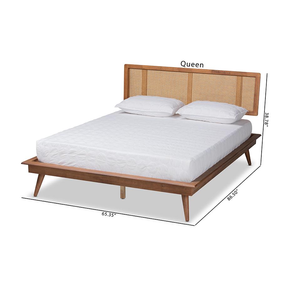Walnut Brown Finished Wood and Synthetic Rattan Queen Size Platform Bed. Picture 9