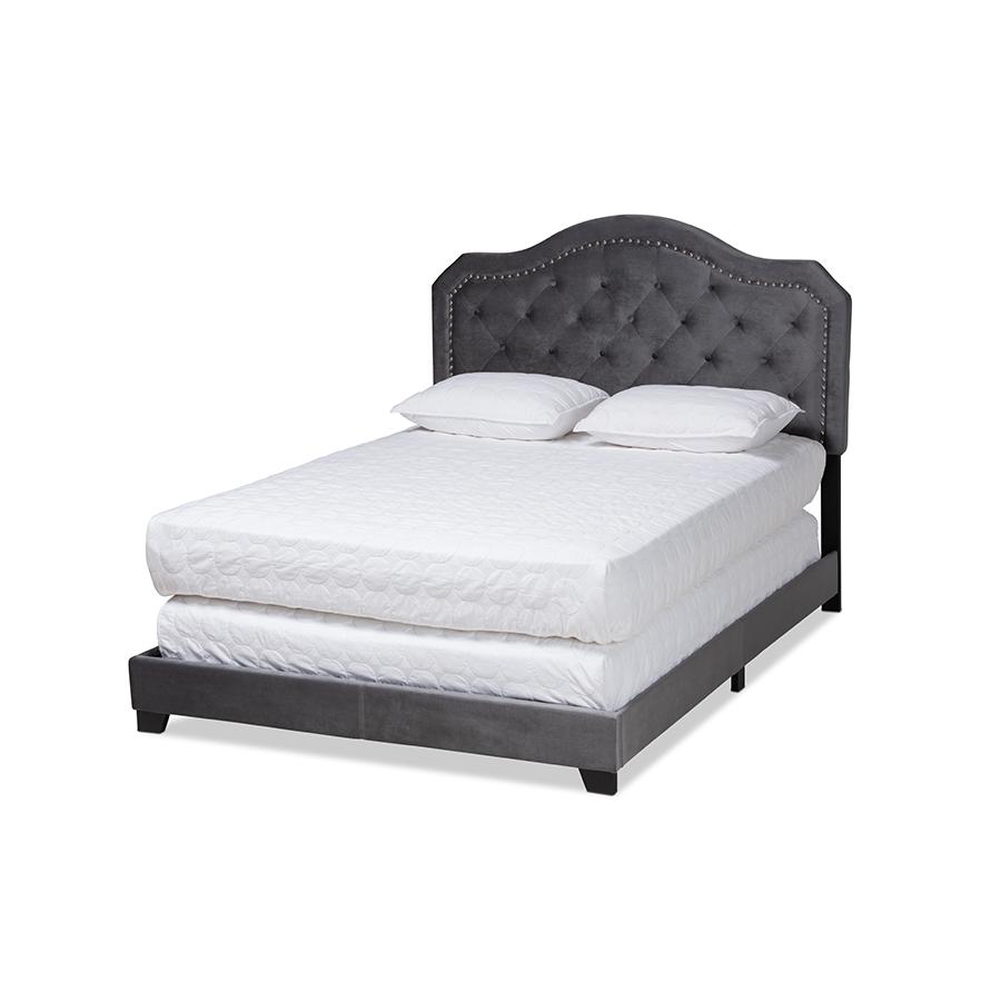 Baxton Studio Samantha Modern and Contemporary Grey Velvet Fabric Upholstered Queen Size Button Tufted Bed. Picture 1