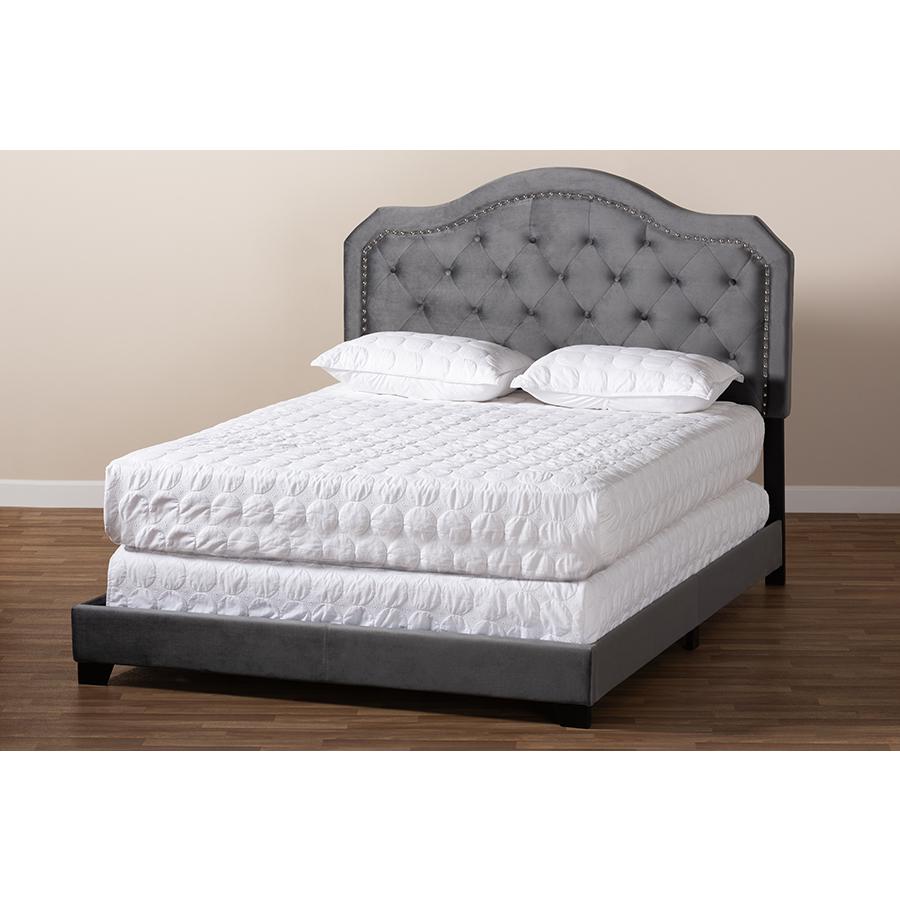 Baxton Studio Samantha Modern and Contemporary Grey Velvet Fabric Upholstered Queen Size Button Tufted Bed. Picture 8