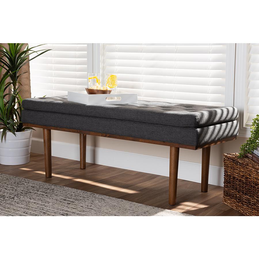 Arne Mid-Century Modern Dark Grey Fabric Upholstered Walnut Finished Bench. Picture 17