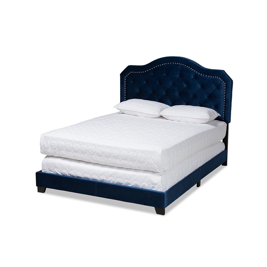 Baxton Studio Samantha Modern and Contemporary Navy Blue Velvet Fabric Upholstered Queen Size Button Tufted Bed. Picture 1
