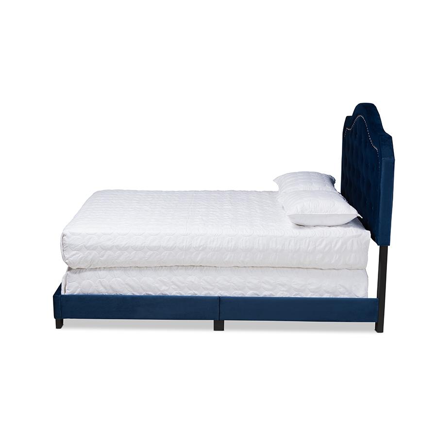 Baxton Studio Samantha Modern and Contemporary Navy Blue Velvet Fabric Upholstered Queen Size Button Tufted Bed. Picture 3