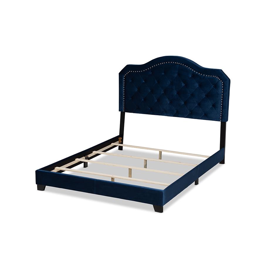 Baxton Studio Samantha Modern and Contemporary Navy Blue Velvet Fabric Upholstered Queen Size Button Tufted Bed. Picture 4