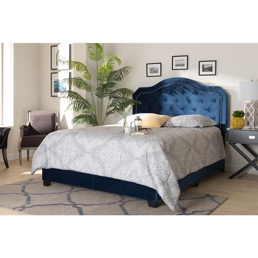 Navy Blue Velvet Fabric Upholstered Queen Size Button Tufted Bed. Picture 21