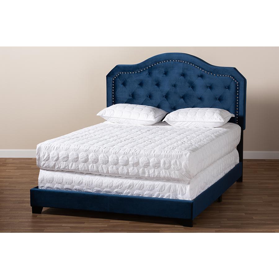 Baxton Studio Samantha Modern and Contemporary Navy Blue Velvet Fabric Upholstered Queen Size Button Tufted Bed. Picture 8