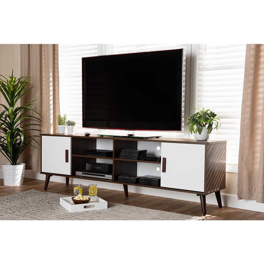 Quinn Mid-Century Modern Two-Tone White and Walnut Finished 2-Door Wood TV Stand. Picture 19