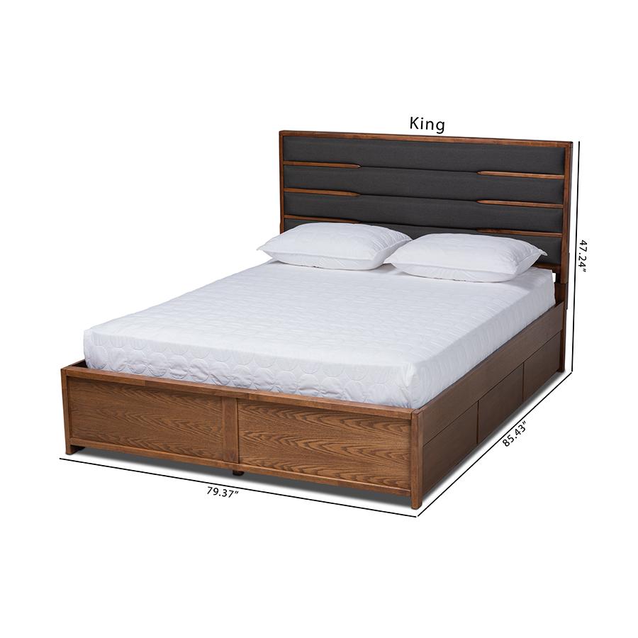 Baxton Studio Elin Modern and Contemporary Dark Grey Fabric Upholstered Walnut Finished Wood King Size Platform Storage Bed with Six Drawers. Picture 13
