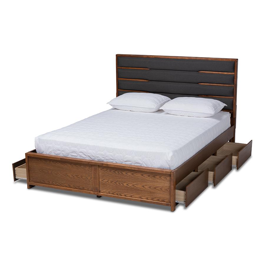 Baxton Studio Elin Modern and Contemporary Dark Grey Fabric Upholstered Walnut Finished Wood King Size Platform Storage Bed with Six Drawers. Picture 3