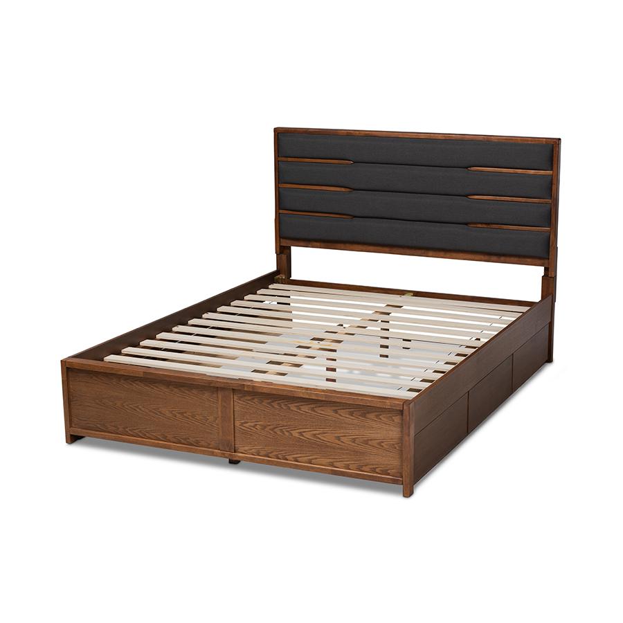 Baxton Studio Elin Modern and Contemporary Dark Grey Fabric Upholstered Walnut Finished Wood King Size Platform Storage Bed with Six Drawers. Picture 5