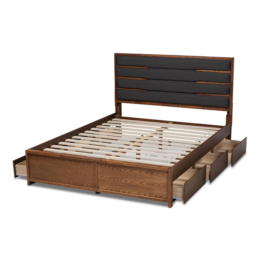 Baxton Studio Elin Modern and Contemporary Dark Grey Fabric Upholstered Walnut Finished Wood King Size Platform Storage Bed with Six Drawers. Picture 6