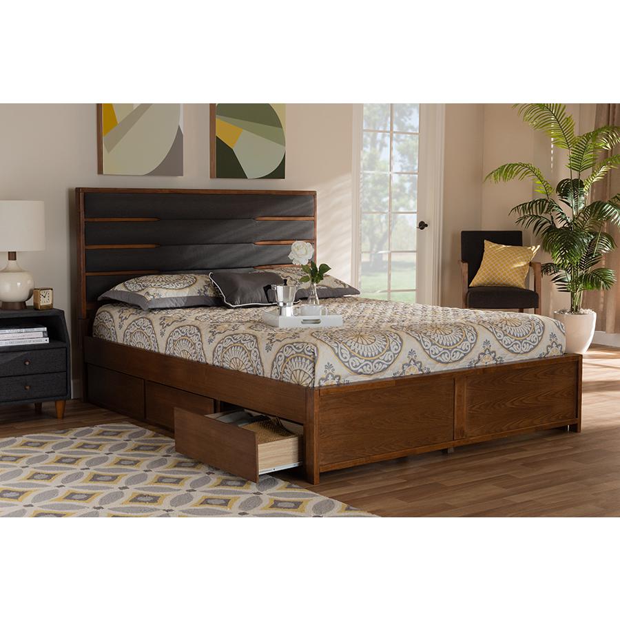 Baxton Studio Elin Modern and Contemporary Dark Grey Fabric Upholstered Walnut Finished Wood King Size Platform Storage Bed with Six Drawers. Picture 10