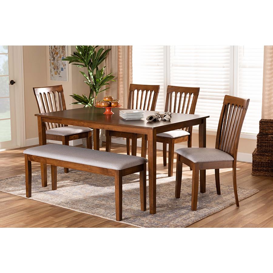 Grey Fabric Upholstered and Walnut Brown Finished Wood 6-Piece Dining Set. Picture 21