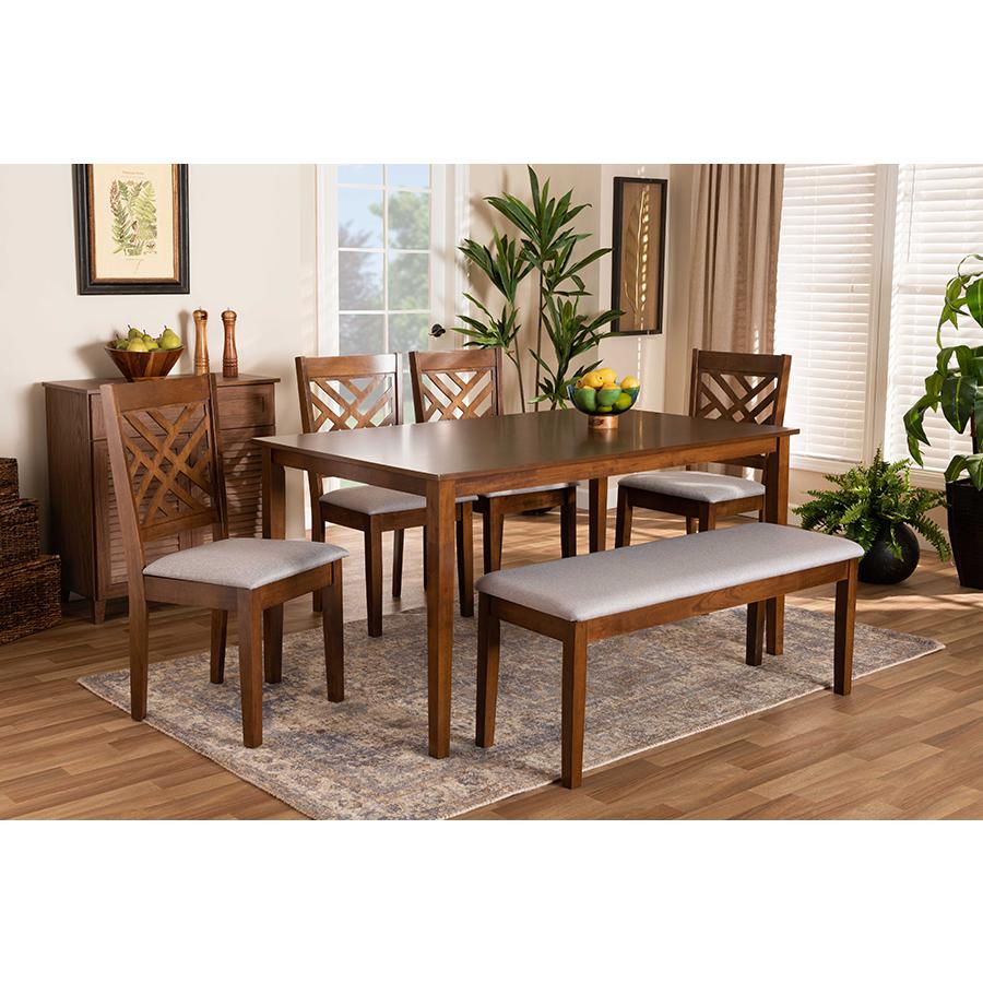 Grey Fabric Upholstered and Walnut Brown Finished Wood 6-Piece Dining Set. Picture 19