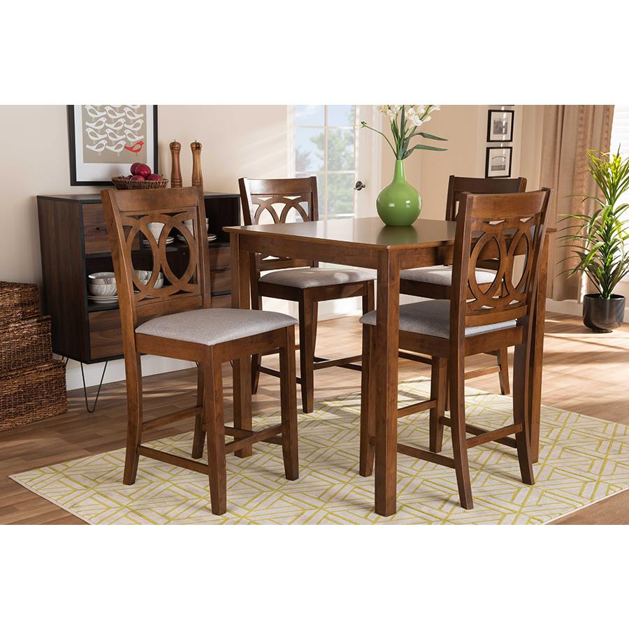 Grey Fabric Upholstered Walnut Brown Finished 5-Piece Wood Pub Set. Picture 19