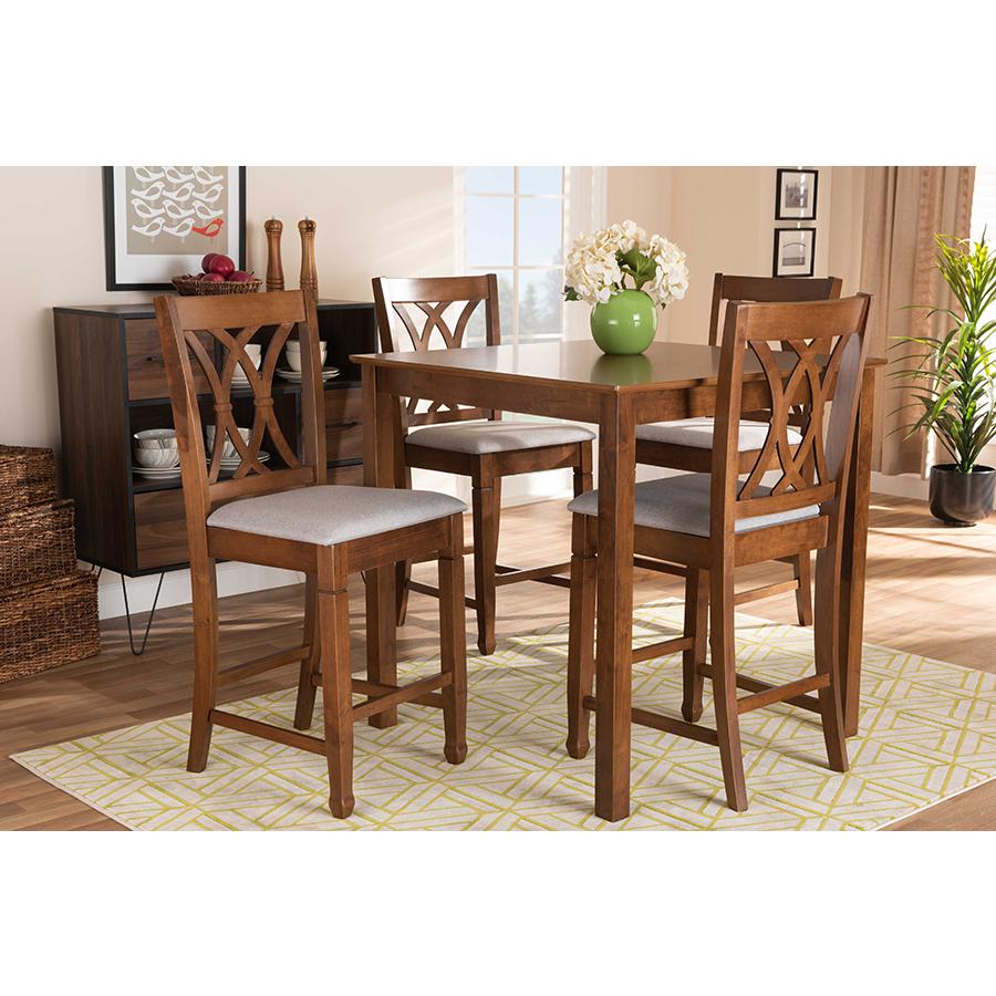 Grey Fabric Upholstered Walnut Brown Finished 5-Piece Wood Pub Set. Picture 19