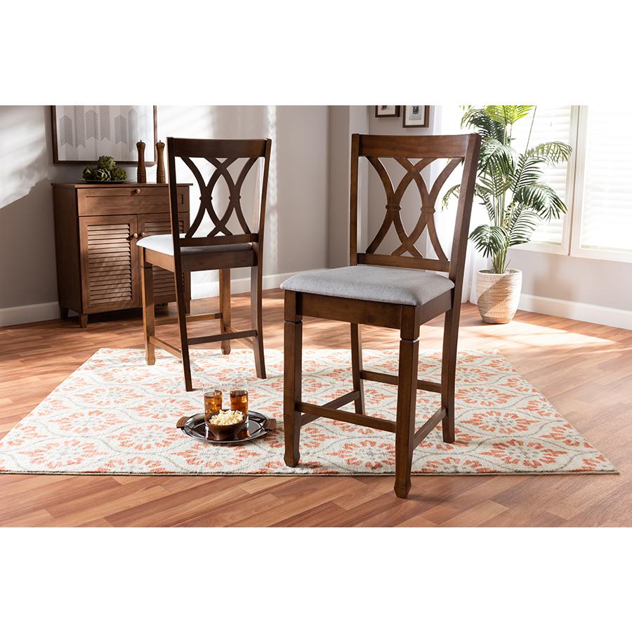 Baxton Studio Reneau Modern and Contemporary Grey Fabric Upholstered Walnut Brown Finished 2-Piece Wood Counter Height Pub Chair Set  Set. Picture 15