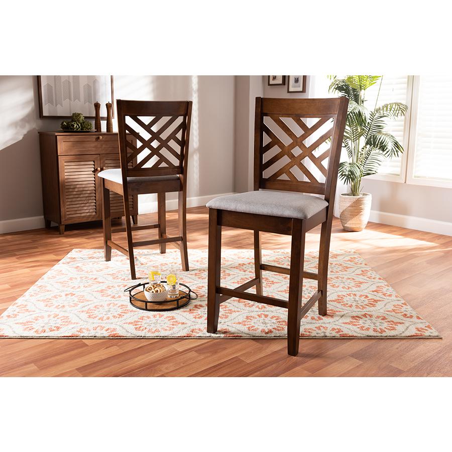 Baxton Studio Caron Modern and Contemporary Grey Fabric Upholstered Walnut Brown Finished 2-Piece Wood Counter Height Pub Chair Set Set. Picture 15