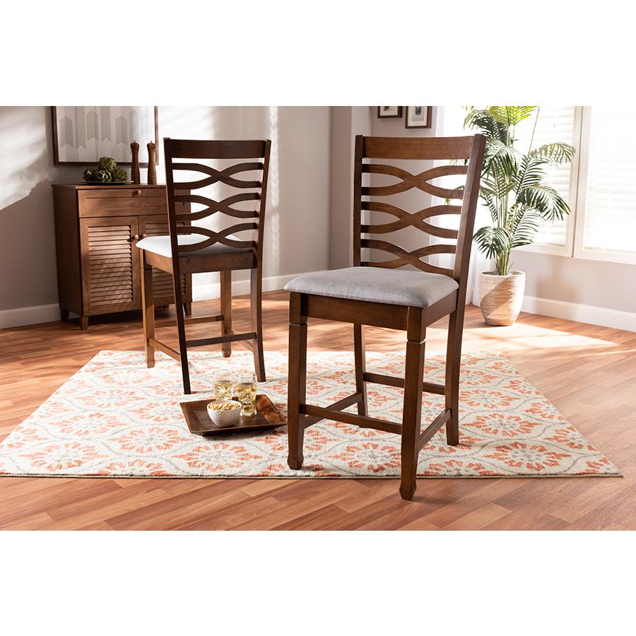 Baxton Studio Lanier Modern and Contemporary Grey Fabric Upholstered Walnut Brown Finished 2-Piece Wood Counter Height Pub Chair Set Set. Picture 15