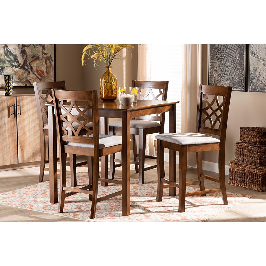 Grey Fabric Upholstered Walnut Brown Finished Wood 5-Piece Pub Set. Picture 19