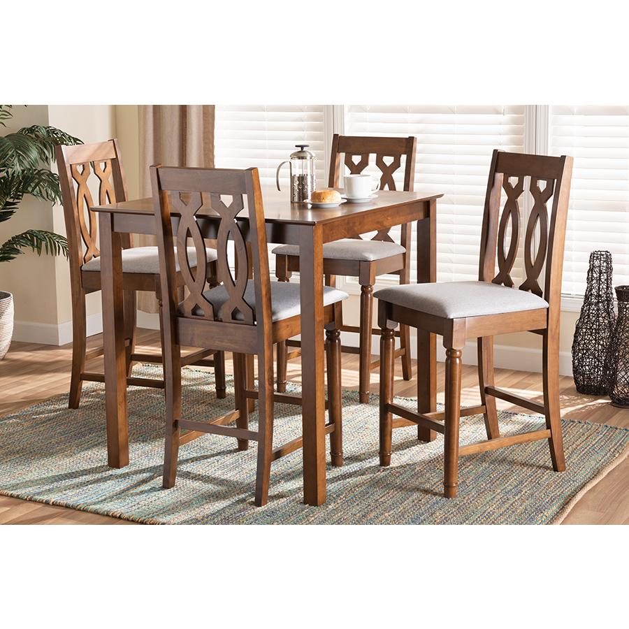Grey Fabric Upholstered and Walnut Brown Finished Wood 5-Piece Pub Set. Picture 19