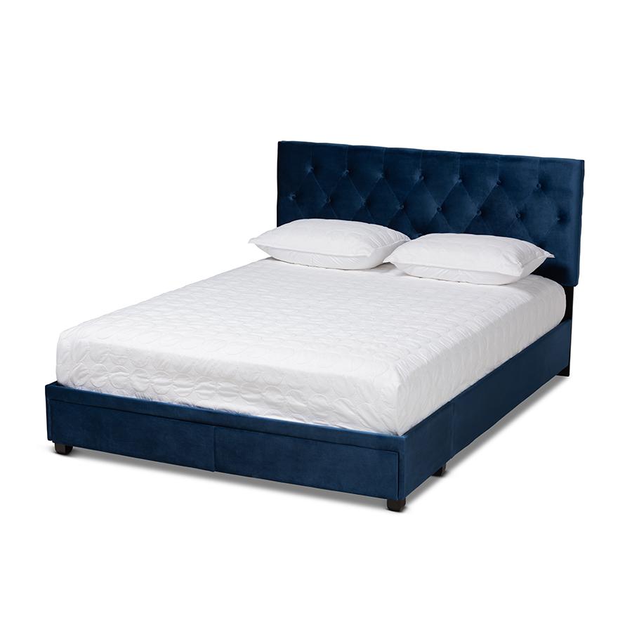 Navy Blue Velvet Fabric Upholstered 2-Drawer King Size Platform Storage Bed. Picture 1