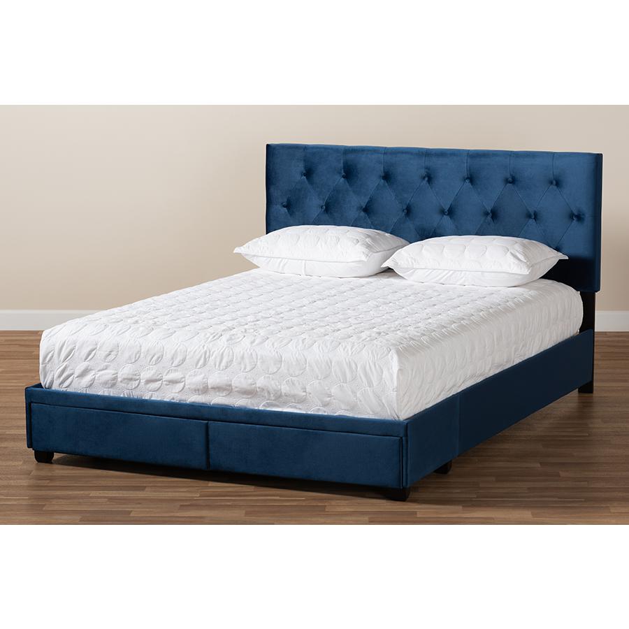 Navy Blue Velvet Fabric Upholstered 2-Drawer King Size Platform Storage Bed. Picture 10