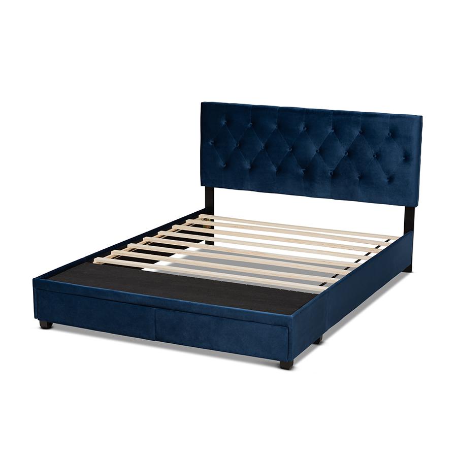 Navy Blue Velvet Fabric Upholstered 2-Drawer King Size Platform Storage Bed. Picture 4