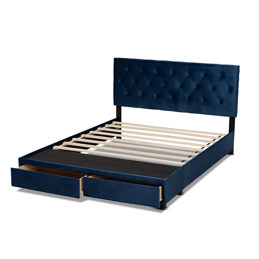 Baxton Studio Caronia Modern and Contemporary Navy Blue Velvet Fabric Upholstered 2-Drawer King Size Platform Storage Bed. Picture 5