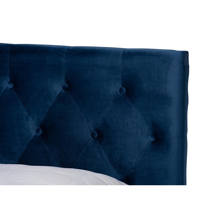 Navy Blue Velvet Fabric Upholstered 2-Drawer King Size Platform Storage Bed. Picture 6
