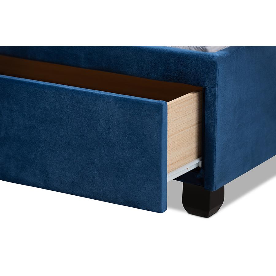 Navy Blue Velvet Fabric Upholstered 2-Drawer King Size Platform Storage Bed. Picture 7