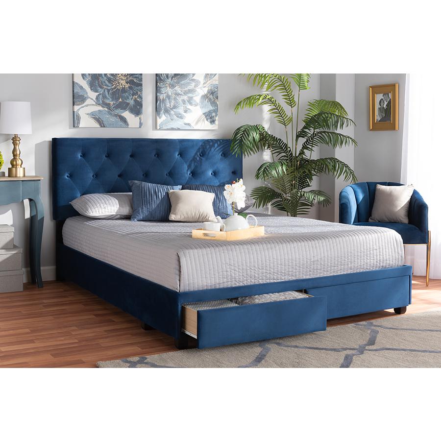 Navy Blue Velvet Fabric Upholstered 2-Drawer King Size Platform Storage Bed. Picture 9