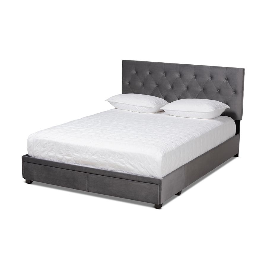 Baxton Studio Caronia Modern and Contemporary Grey Velvet Fabric Upholstered 2-Drawer King Size Platform Storage Bed. The main picture.