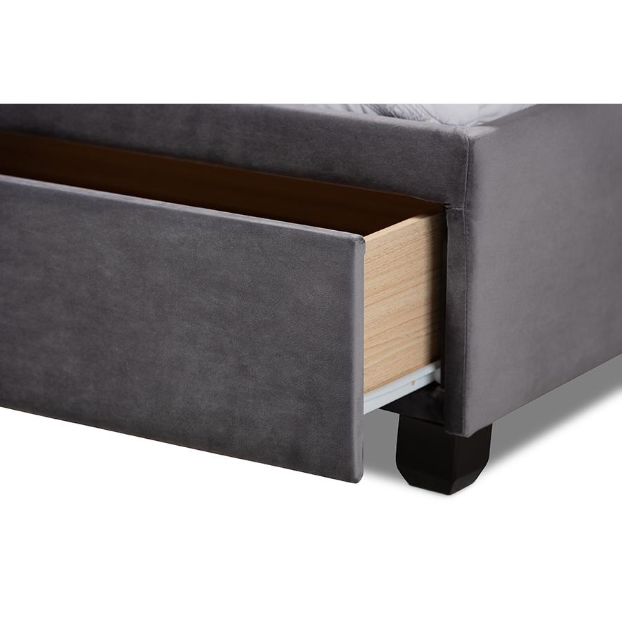 Baxton Studio Caronia Modern and Contemporary Grey Velvet Fabric Upholstered 2-Drawer King Size Platform Storage Bed. Picture 7