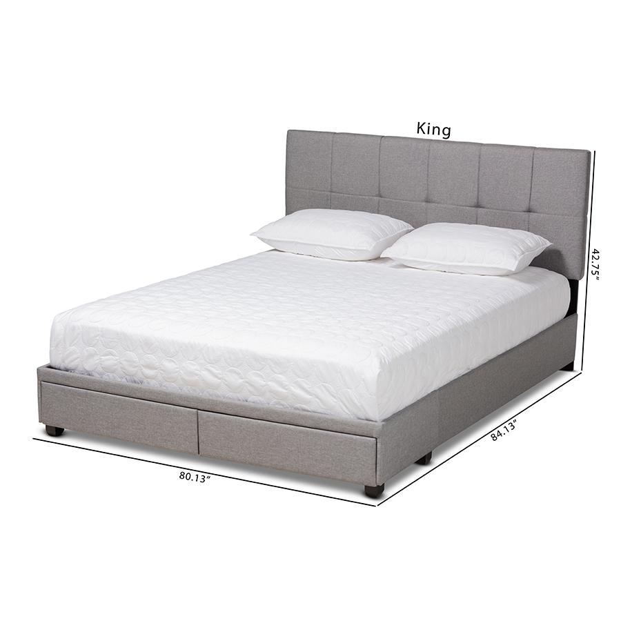Netti Light Grey Fabric Upholstered 2-Drawer King Size Platform Storage Bed. Picture 12