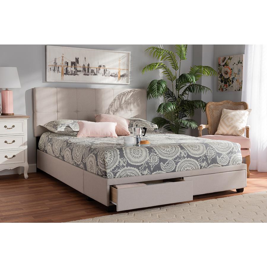 Netti Beige Fabric Upholstered 2-Drawer King Size Platform Storage Bed. Picture 9