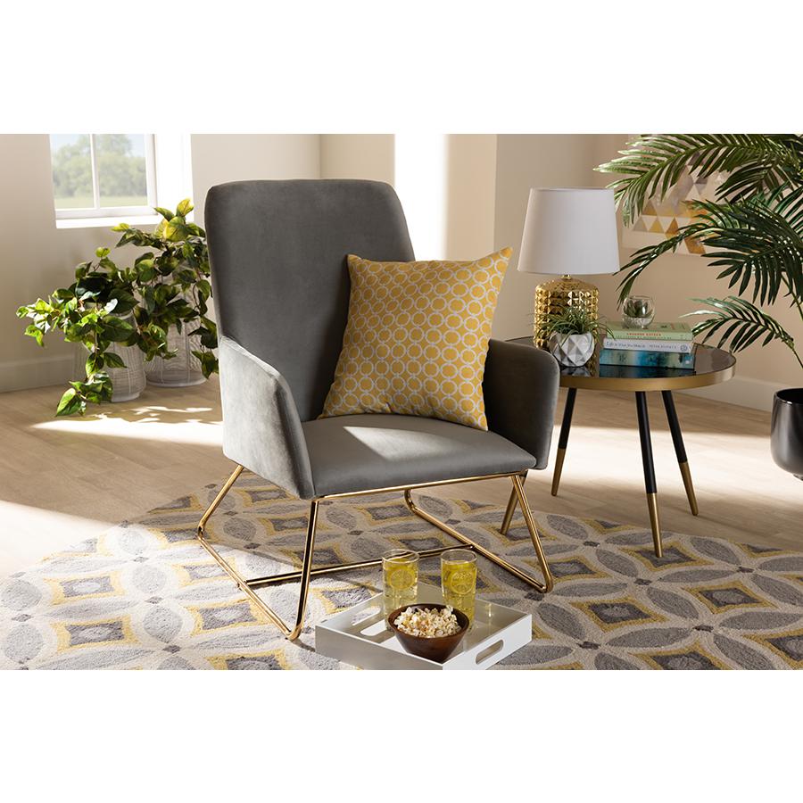 Baxton Studio Sennet Glam and Luxe Grey Velvet Fabric Upholstered Gold Finished Armchair. Picture 16